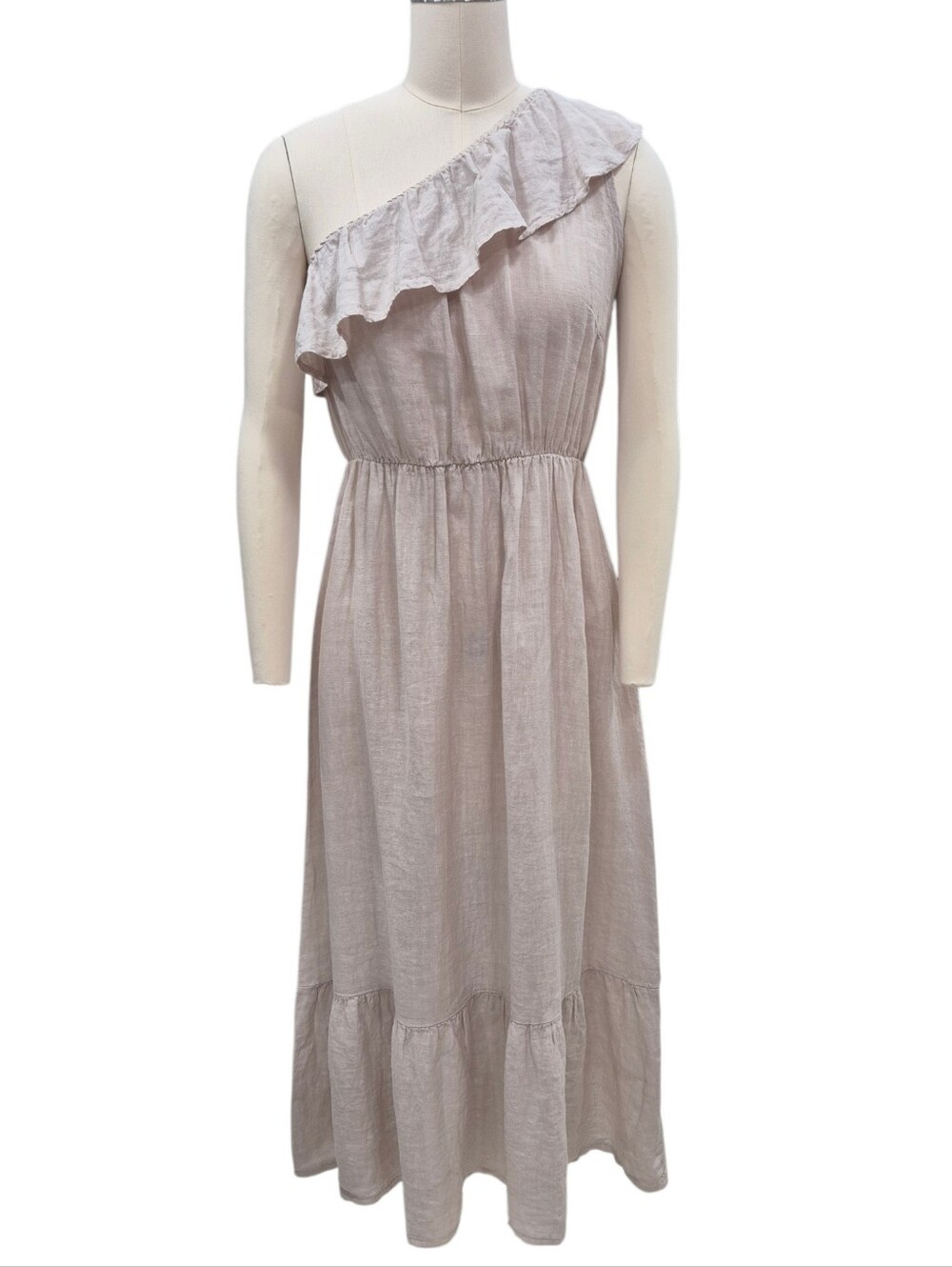 Valentina Naldi Linen dress women's large oatmeal ruffle one shoulder Boho 21820
